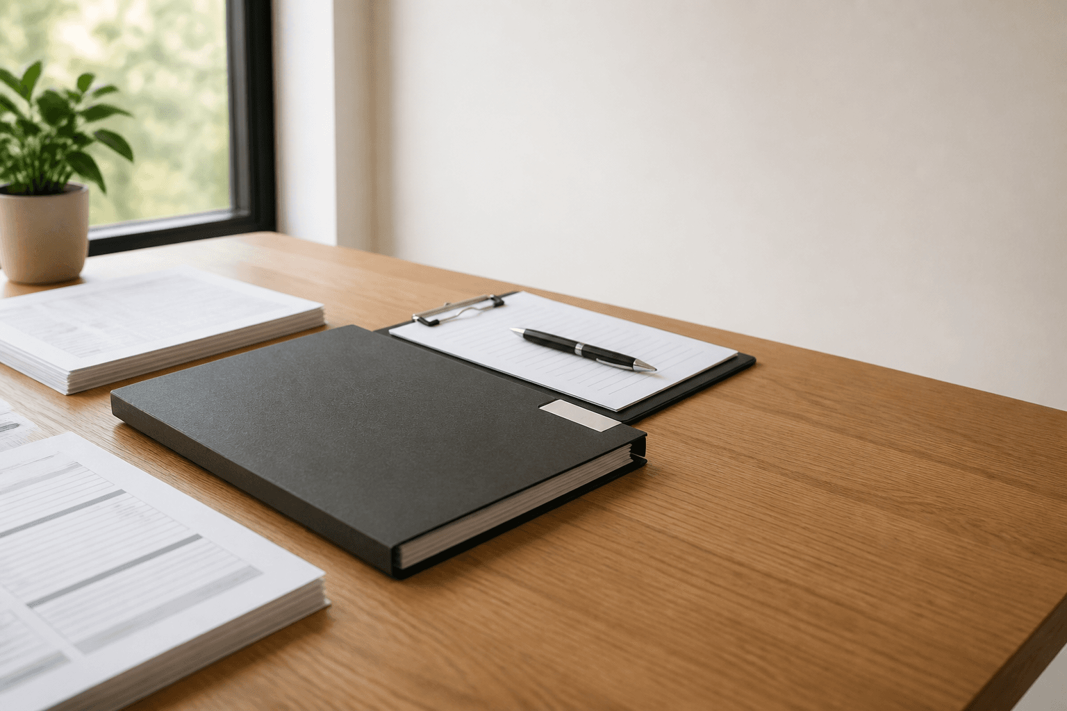 Clean packet desk with folder, clipboard, and forms